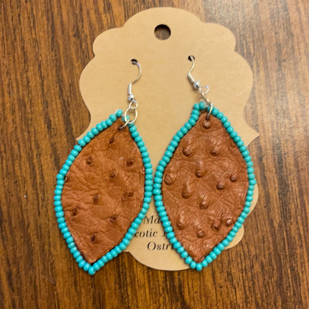 Ostrich Turquoise color Beaded Leather Earrings. 2 1/2”x1 1/2”. Handmade